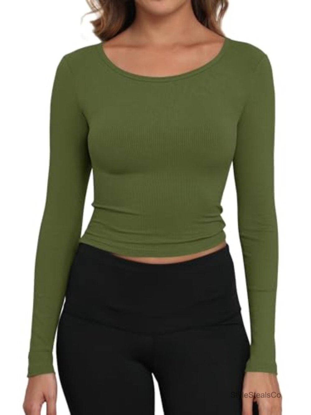 Ribbed Boat Neck Long Sleeve Crop Top Fitted Stretchy Rayon Spandex